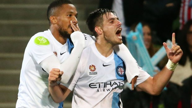 On the mark: A screamer in the 43rd minute from Harry Novillo, courtesy of a flick from Bruno Fornaroli (right), was City's 59th goal of the season, setting a new A-League record.