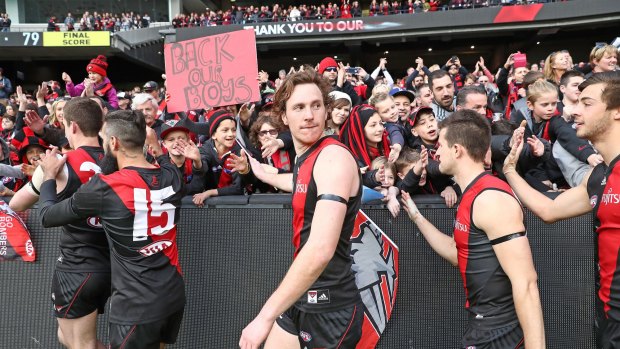 The Bombers thank their supporters in the crowd and the 2016 recruits.