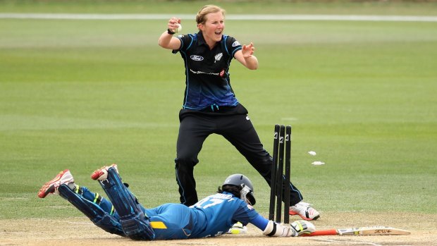 Bowler for Melbourne Stars Morna Nielsen playing for New Zealand in Christchurch.