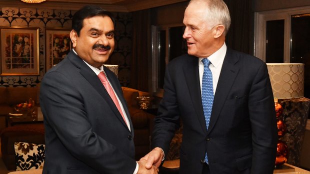 Prime Minister Malcolm Turnbull with Adani Group chairman Gautam Adani on his trip to Australia in April.
