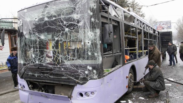 Destroyed: The trolleybus in Donetsk, eastern Ukraine.