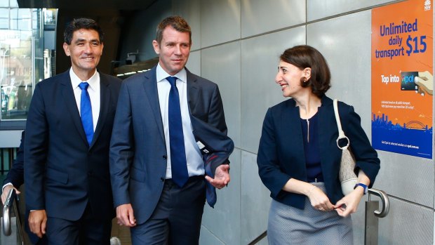 Gladys Berejiklian with Parramatta MP Geoff Lee (left) and Premier Mike Baird at Parramatta Station this week.