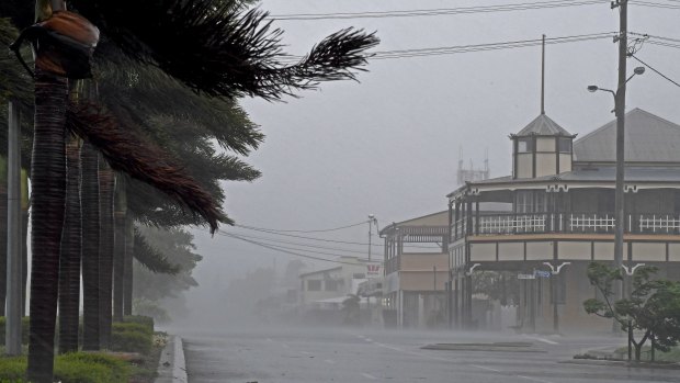 The main street of Bowen as Cyclone Debbie approaches the coast.