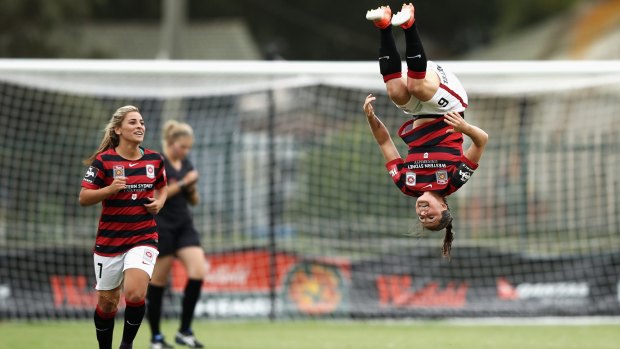 Flipping out: Wanderers Kendall Fletcher celebrates after putting away a penalty.