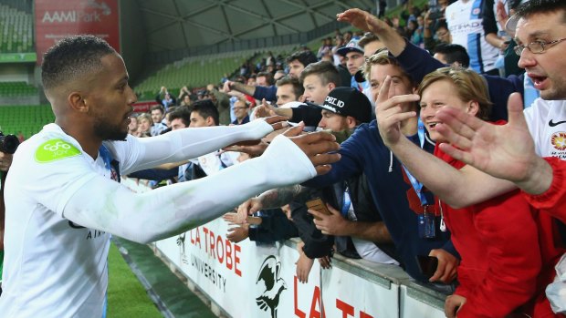 Melbourne City's Harry Novillo greets fans after the big win over Perth Glory.