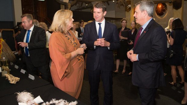 Australian Museum director, Kim McKay, and NSW Premier Mike Baird inside the museum's Long Gallery.