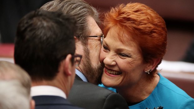 Senator Hanson was embraced by Senator Derryn Hinch after she delivered her first speech in the Senate.