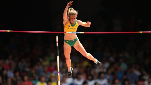 Up and over:  Alana Boyd achieves a clearance during the qualifying round of the women's pole vault event.