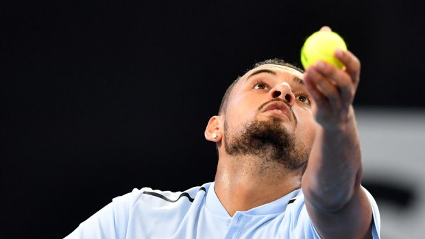 In the zone: Nick Kyrgios prepares to add to his collection of aces. He served 19 in total in the semi-final.
