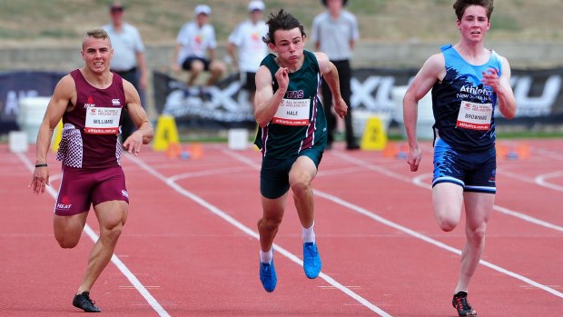 Jack Hale, centre, pips Trae Williams, left, and Rohan Browning at the Australian All Schools Championships on Saturday.