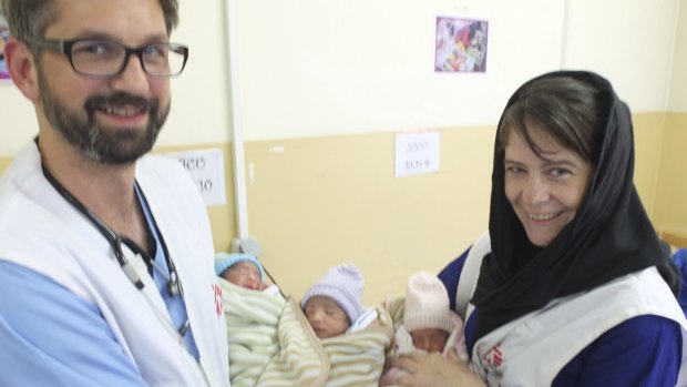 Paediatric nurse Alison Moebus, right, with newborns at Dasht-e-Barchi Hospital, Kabul, Afghanistan.