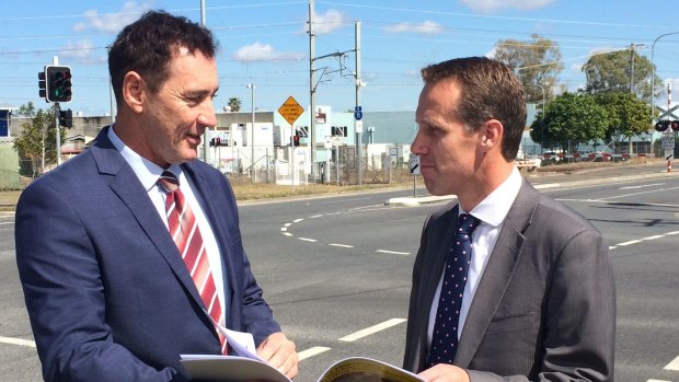 Brisbane councillor Steve Griffiths and Labor lord mayor candidate ,Rod Harding at Corner of Orange Grove & Boundary Roads, Coopers Plains.