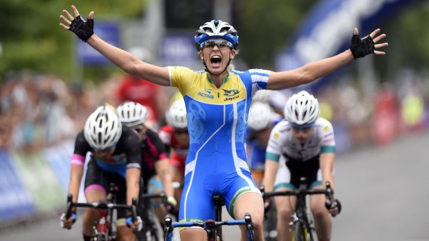 Kimberley Wells wins the women's criterium at the Australian road cycling championships. 
