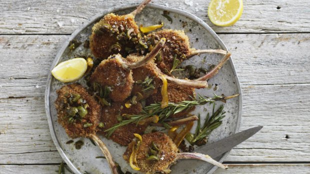 Lamb cutlet schnitzels with rosemary, olive and lemon butter.