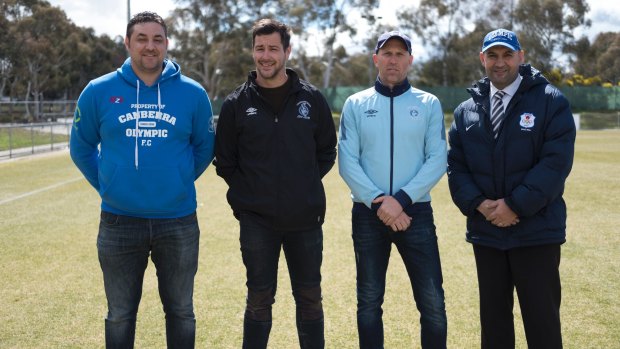 Players and coaches ahead of the NPL Capital Football grand final between Canberra Olympic and Belconnen United. From left: Angelo Konstantinou, Matthew Grbesa, Dean Ugrinic, Frank Cachia.