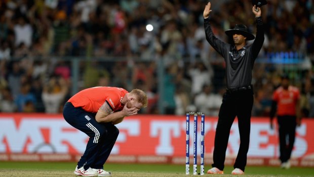 Ben Stokes reacts after being hit for six in the final over of the World Twenty20 final.