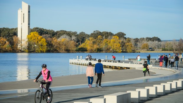 People relax by Lake Burley Griffin.