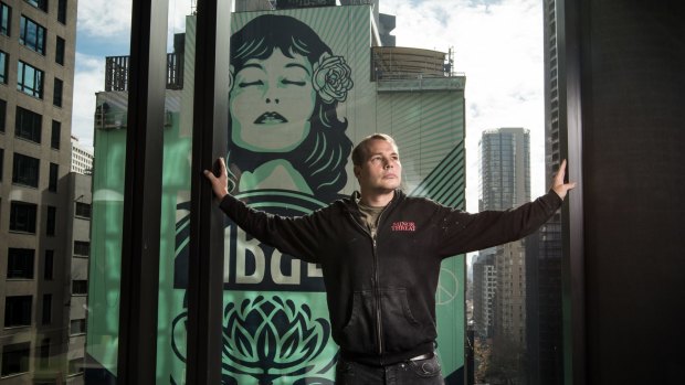 American artist Shepard Fairey in Sydney with The Peace Waratah, his largest-ever public art mural.