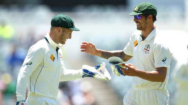 Mitchell Johnson and Peter Nevill on day four of the second Test.
