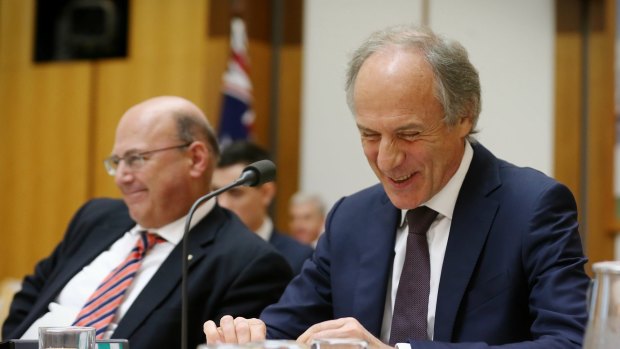 Science Minister Arthur Sinodinos and Chief Scientist Dr Alan Finkel during an estimates hearing on Thursday.
