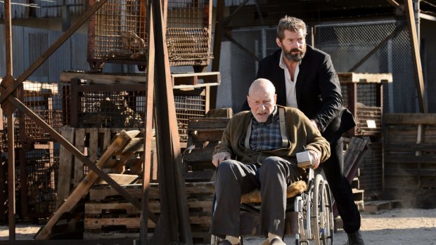 Patrick Stewart as Professor Charles Xavier and  Hugh Jackman as Wolverine in <i>Logan</i>.
