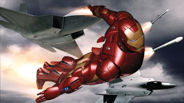 Adi Granov,  Iron Man study, flight with jets, (detail) concept art for Iron Man 2008.
