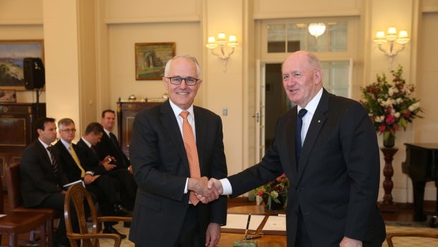 Prime Minister Malcom Turnbull with the Governor-General, Sir Peter Cosgrove, after the swearing in ceremony on Friday.
