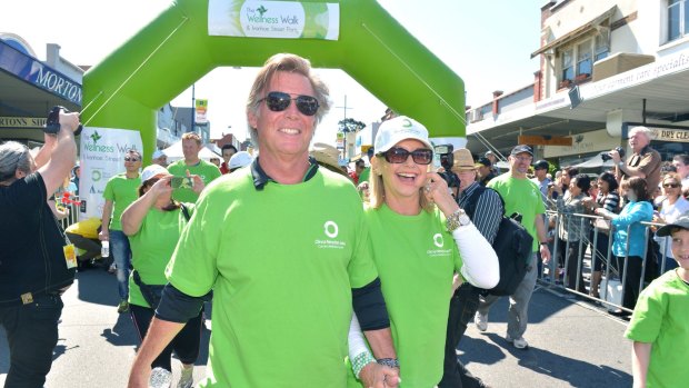 Olivia Newton-John with her husband John Easterling at the start of Melbourne's annual Wellness Walk to help raise money for programs at the Olivia Newton-John Cancer Wellness &amp; Research Centre. 