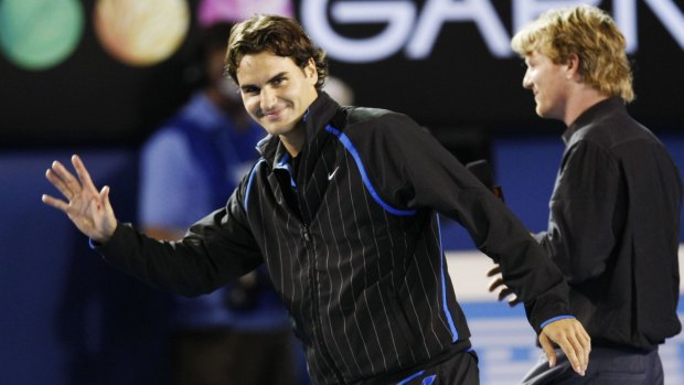 Roger Federer after his win against Diego Hartfield, post his interview with Courier  at the Australian Open in 2008.  