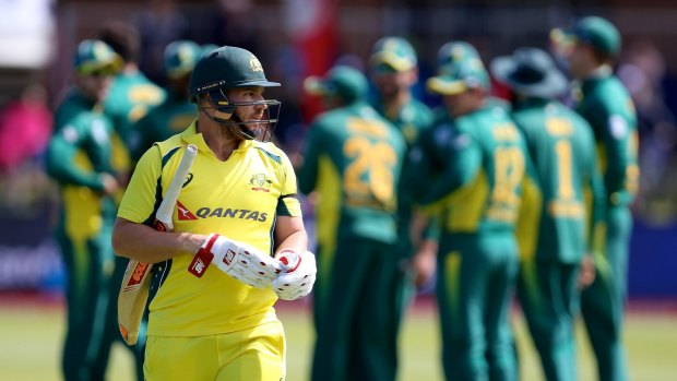 Much to ponder: Aaron Finch is dismissed early in Australia's innings.