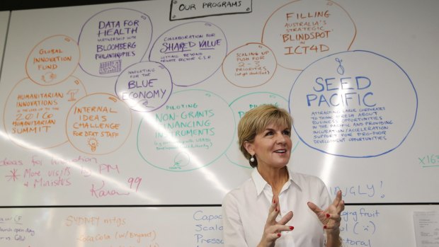 Foreign Affairs Minister Julie Bishop at the Innovation Xchange, a specialist unit developing ideas in aid delivery.