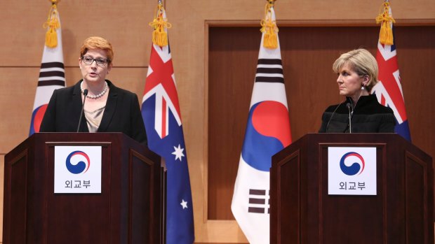 Australian Defense Minister Marise Payne, left, speaks as Foreign Minister Julie Bishop watches during a press conference with their South Korean counterparts at the Foreign Ministry in Seoul.