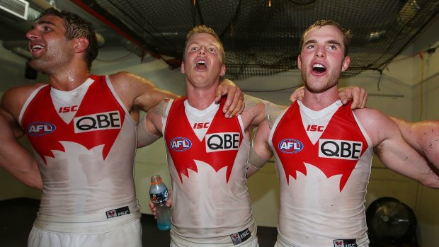 Sydney Swans players were happy after the game but their cheer squad wasn't.