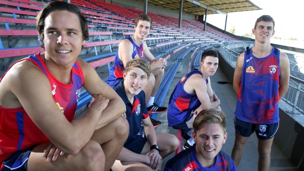 New Western Bulldogs draftees (left to right): Lukas Webb, Zaine Cordy, Bailey Dale, Toby McLean, Caleb Daniel and Declan Hamilton at Whitten Oval on Tuesday.