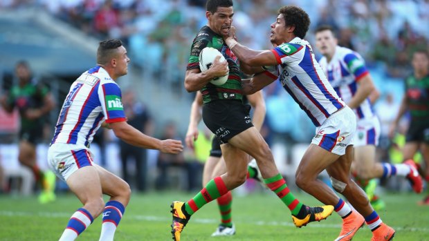 Staying on:  Cody Walker, in action for the Rabbitohs against the Knights this year, will remain with the South Sydney club.