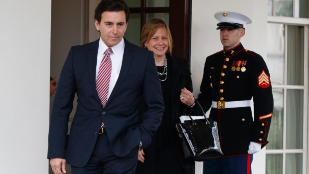 Ford Motors CEO Mark Fields, left, and General Motors CEO Mary Barra outside the White House in Washington.