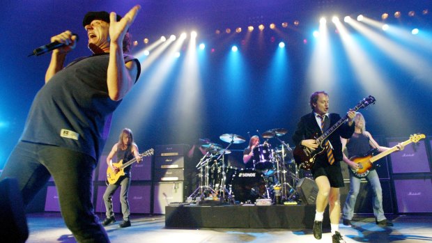 AC/DC performing in Munich in 2003. From left, Brian Johnson, Malcolm Young, Phil Rudd, Angus Young and Cliff Williams.