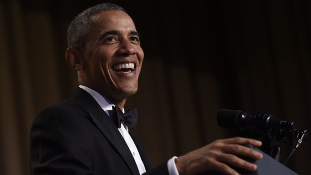 Funny man ... Barack Obama enjoyed sending himself up, mocking journalists and roasting Donald Trump and the other candidates at the White House Correspondents' Dinner. 