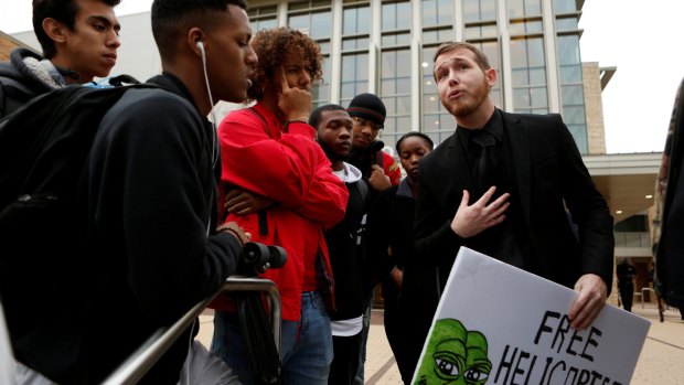 William Fears speaks with protesters prior to white nationalist leader Richard Spencer  speaking at Texas A&M University in College Station, Texas, in December last year.