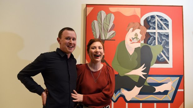 Mitch Cairns, the winner of the 2017 Archibald Prize, his winning painting and its subject, his partner Agatha Gothe-Snape.
