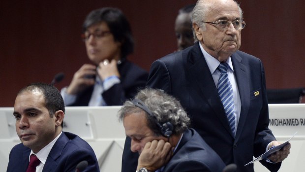 Prince Ali Bin Al Hussein, Michel Platini and Sepp Blatter at the 65th FIFA congress in May.