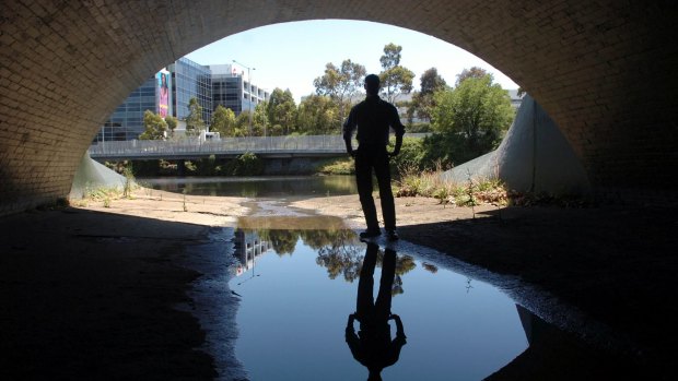 A person stands in one of the main sewerage outlets that flow into the Yarra River.