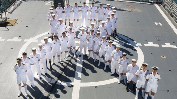 HMAS Warramunga crew show their support for efforts to White Ribbon Day, which raises money to eliminate violence against women.