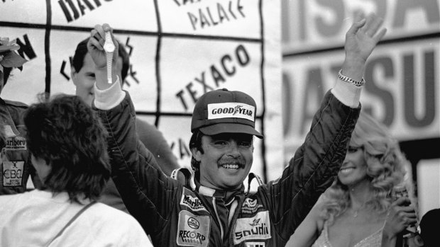 Keke Rosberg celebrates a win in Las Vegas in 1982.