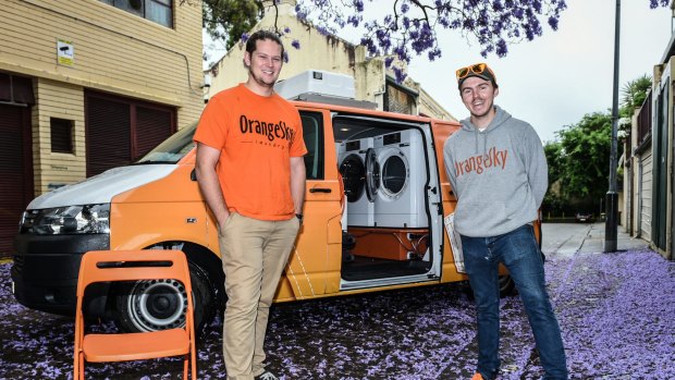 Brisbane friends Lucas Patchett (left) and Nicholas Marchesi are helping the homeless wash their clothes in a van fitted out with a washing machine and dryer.