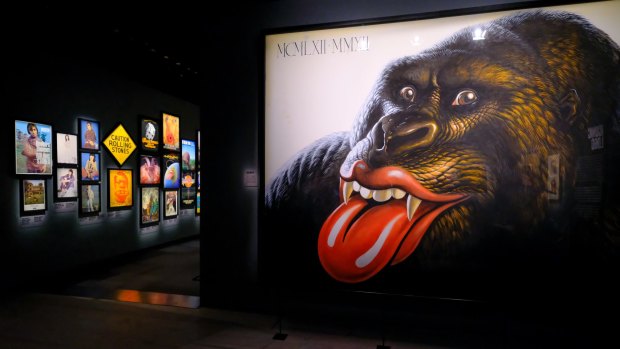 The Rolling Stones iconic tongue graphic gets a heavy-duty workout in the band's retrospective exhibition at the Saatchi Gallery, London.