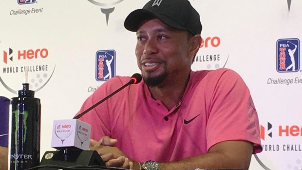 He's back: Tiger Woods speaks at his comeback press conference for the Hero World Challenge golf tournament in Nassau, Bahamas.