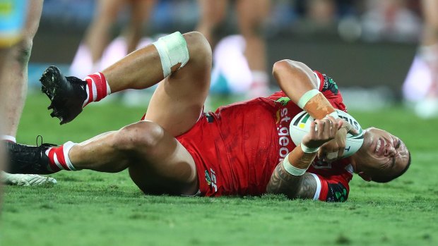 Scans needed: Tyson Frizell in pain during the loss to the Titans.