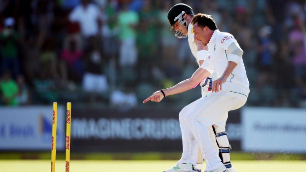 Dale Steyn let's Brad Haddin know he's out, in February 2014.