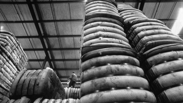 Stockpiled bales of wool at the Australian Wool Board workhouse in 1990.